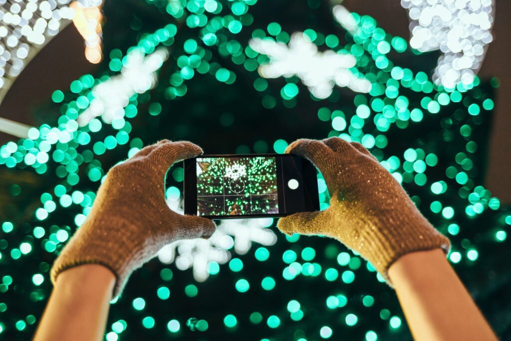 Christmas Lights, Gloves, iPhone, Camera, Taking Picture