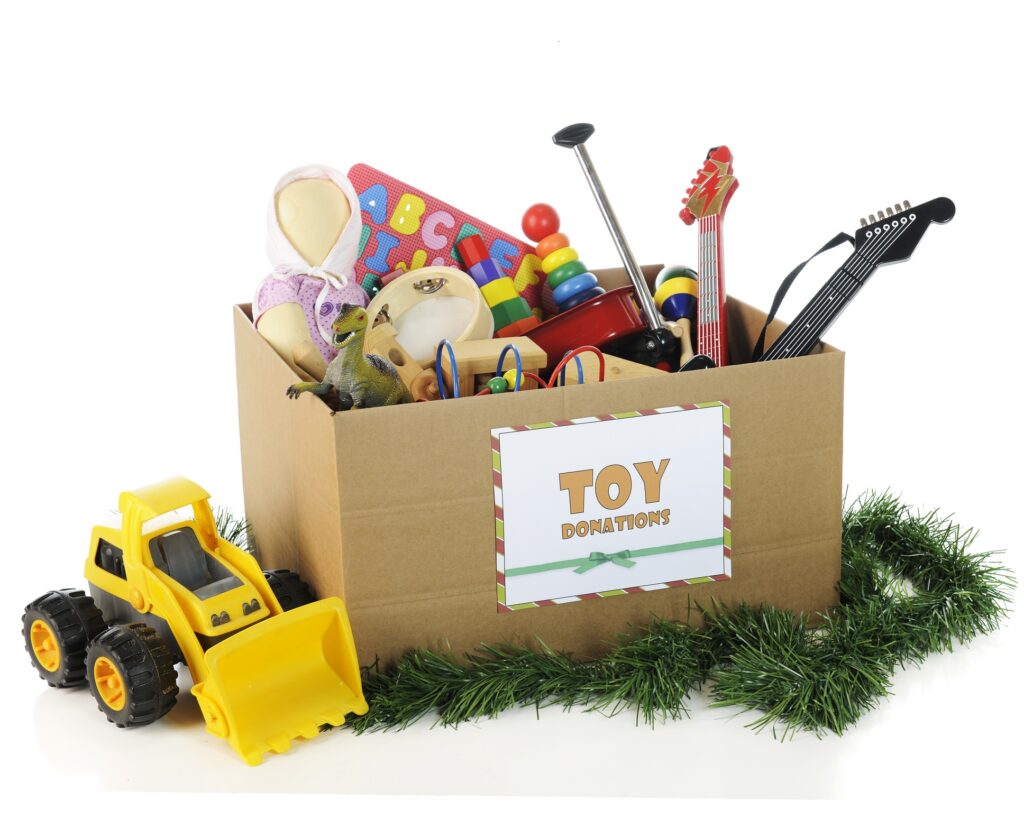 Toys for Tots, Toys in Donation Box, Toy Truck, Toy Guitar, Toy Wagon, Doll, Christmas Donations